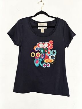 COACH Retro Poppy Graphic Blue Tee Top, L
